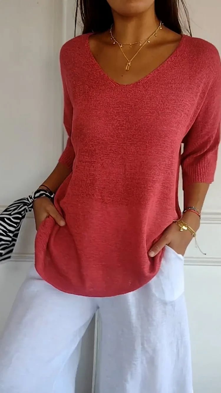 Buvala™-Solid Color Knitted V-neck Top