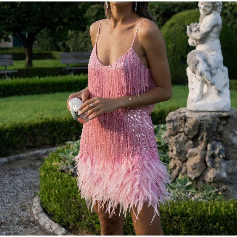 Buvala™-Women's Feather Fringe Sequin Spaghetti Strap Dress