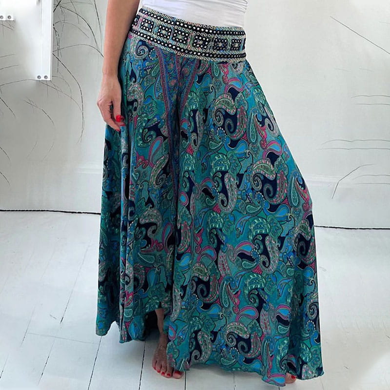 Buvala™-Ethnic Paisley Print Elastic Patchwork-Waist Lightweight Pants