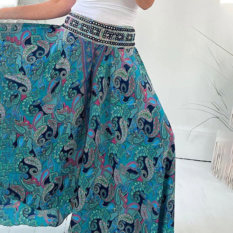 Buvala™-Ethnic Paisley Print Elastic Patchwork-Waist Lightweight Pants