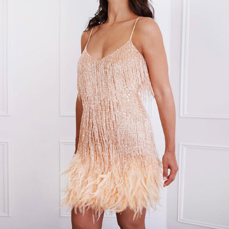 Buvala™-Women's Feather Fringe Sequin Spaghetti Strap Dress