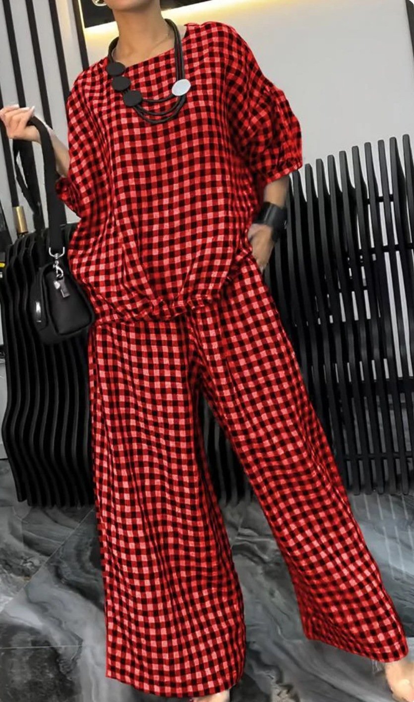 Buvala™-Women's Comfortable Plaid Top And Pants Two-Piece Set