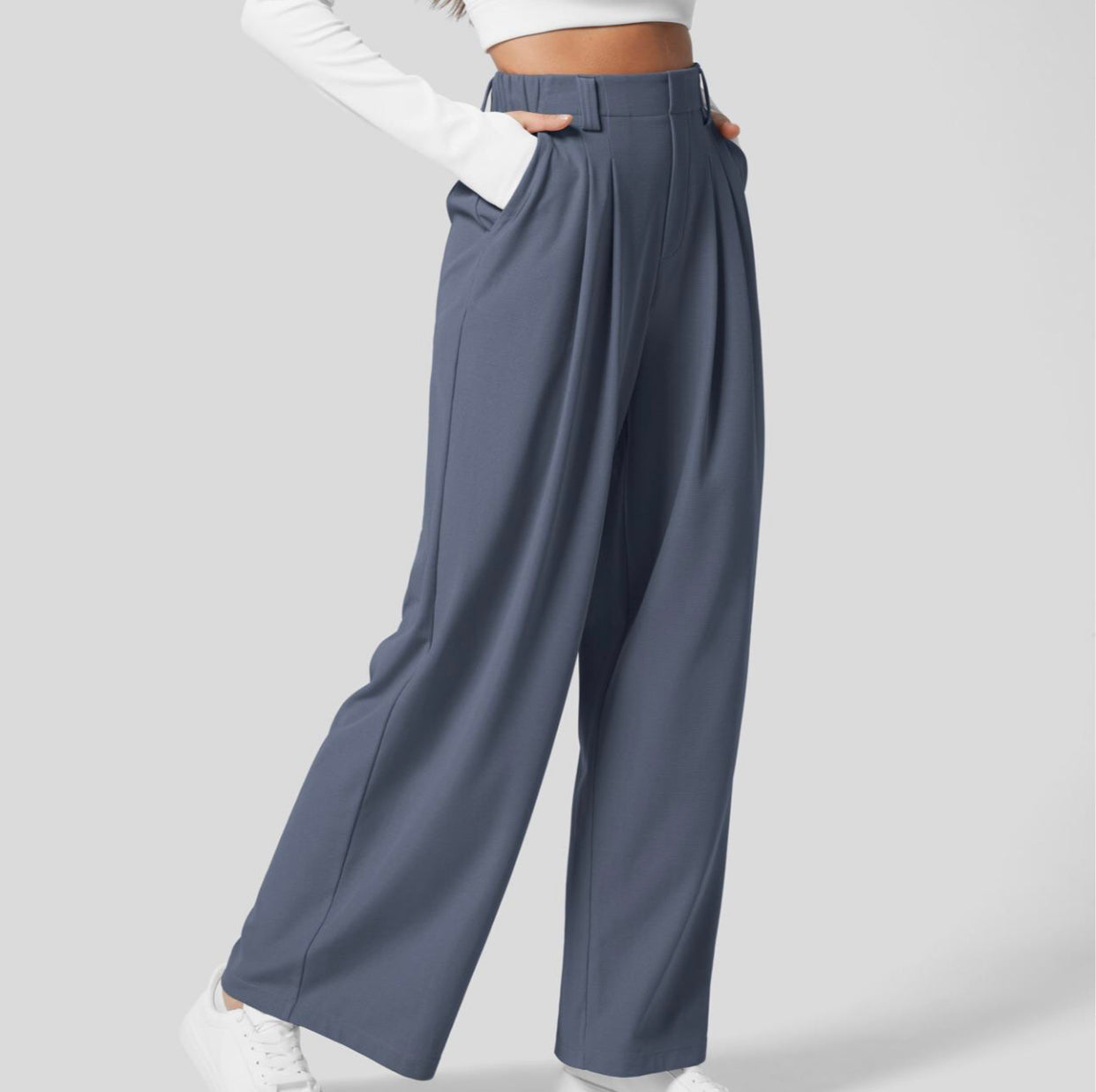 Buvala™-2024 High Waisted Plicated Side Pocket Wide Leg Waffle Casual Pants