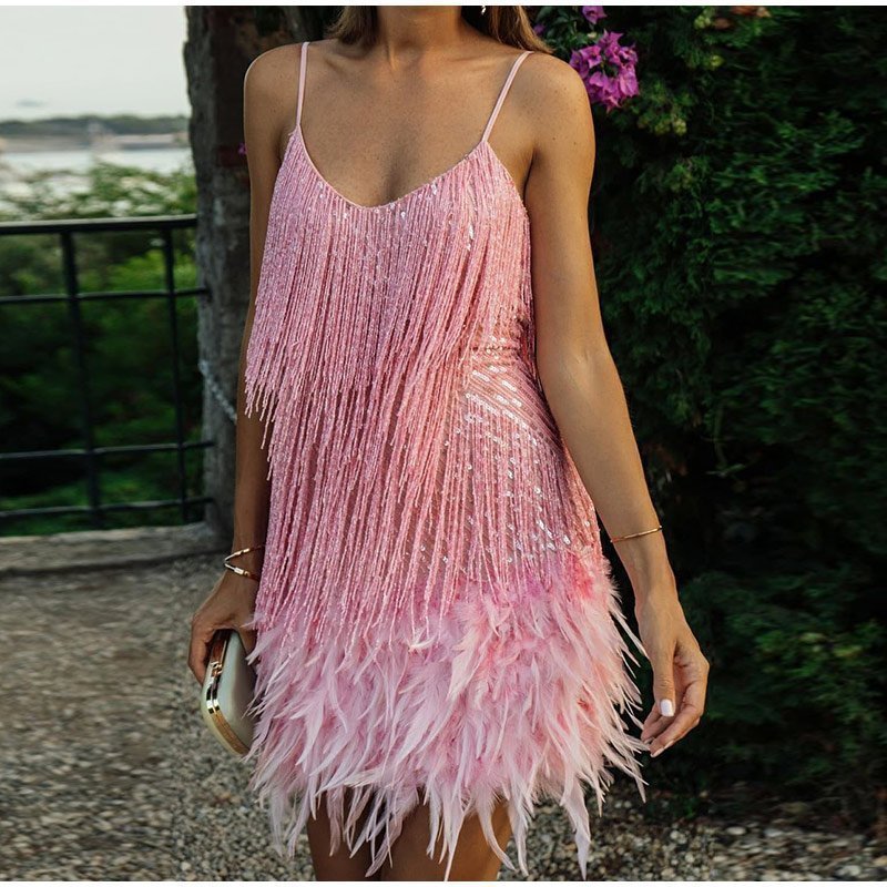 Buvala™-Women's Feather Fringe Sequin Spaghetti Strap Dress