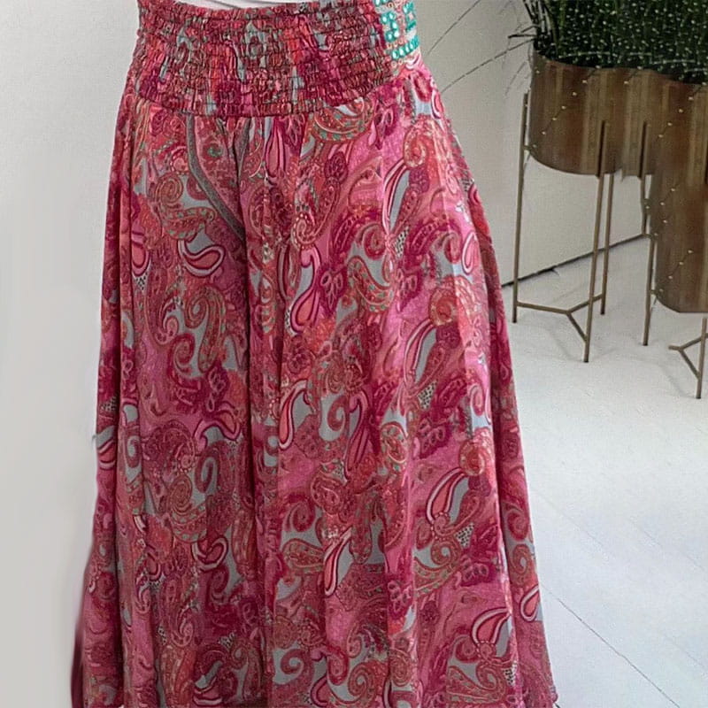 Buvala™-Ethnic Paisley Print Elastic Patchwork-Waist Lightweight Pants