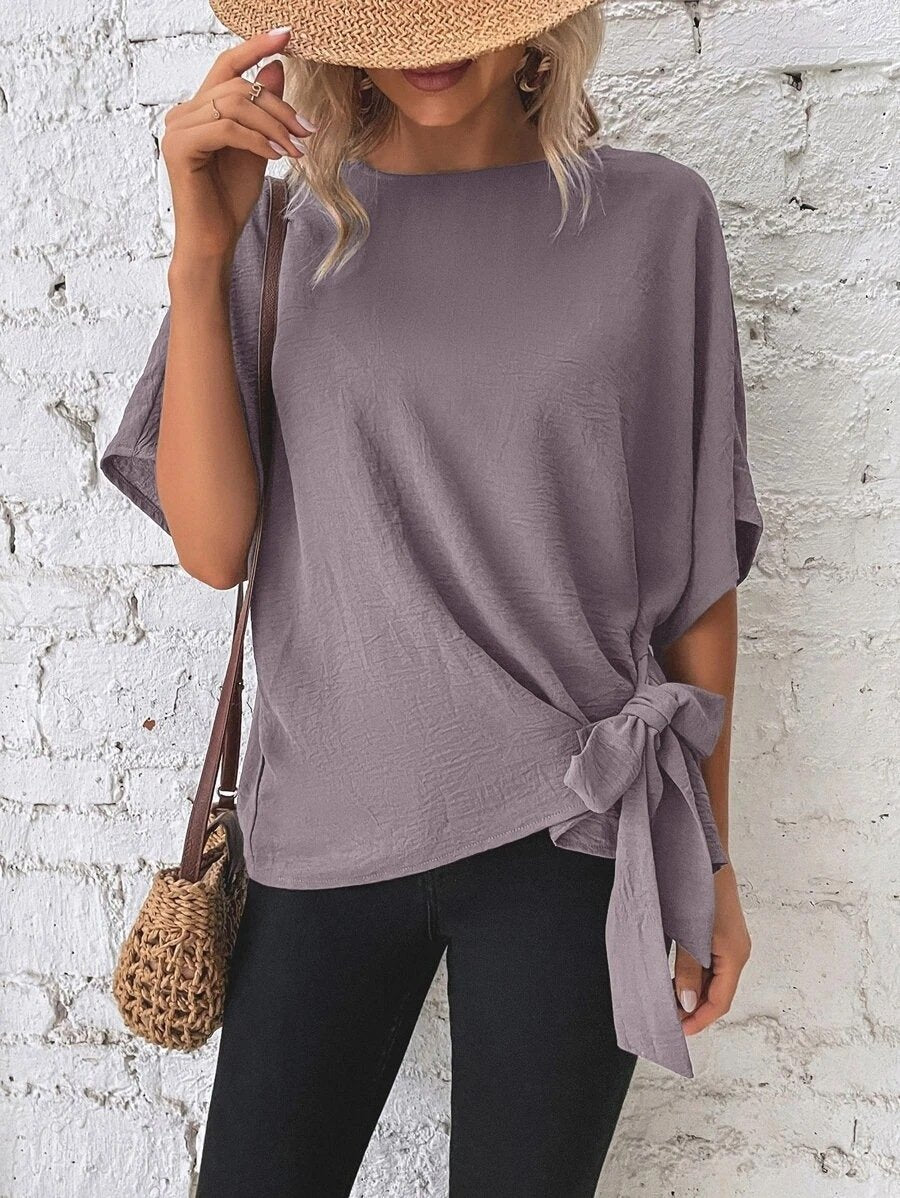 Buvala™-🌷Women's cotton and linen crewneck tie knot top