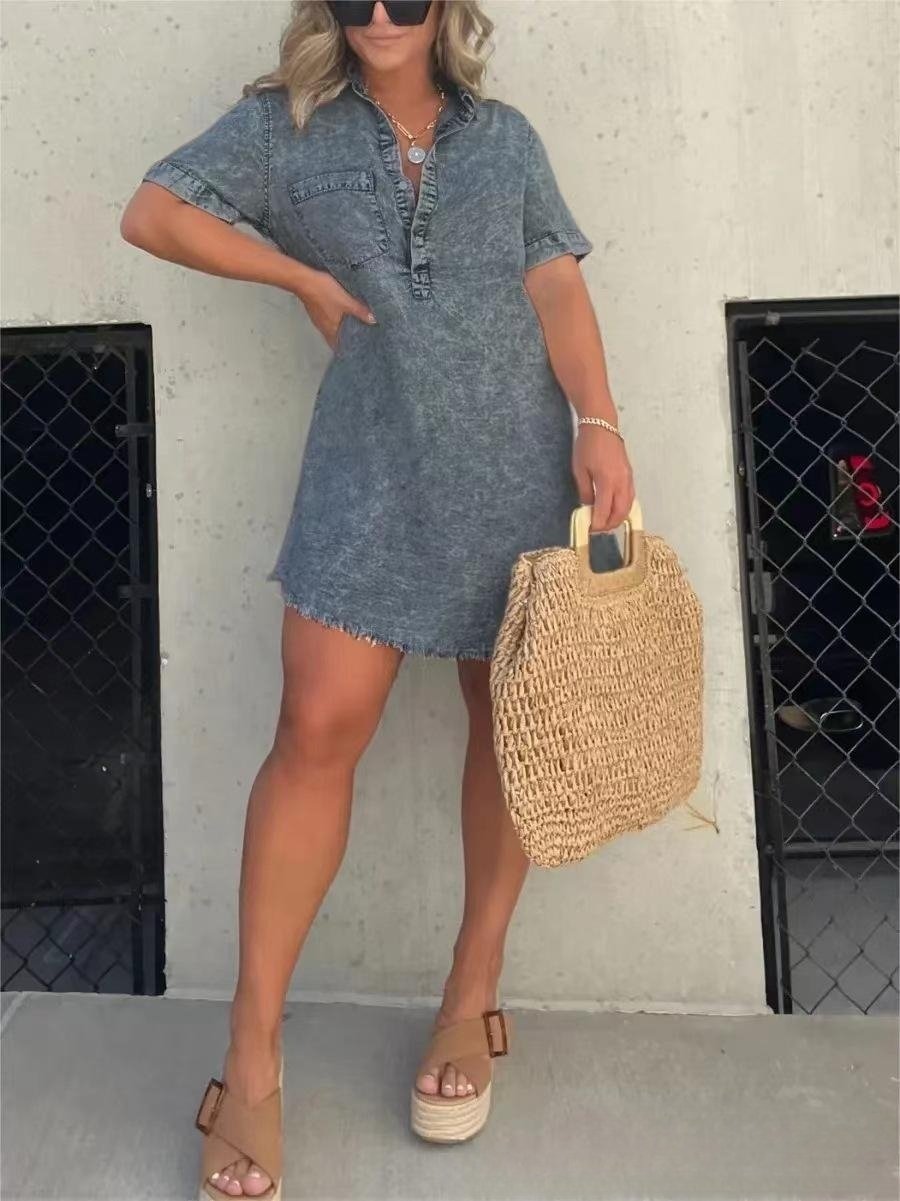 Buvala™-Short Sleeve Casual Denim Shirt Dress-Buy two and get free shipping!