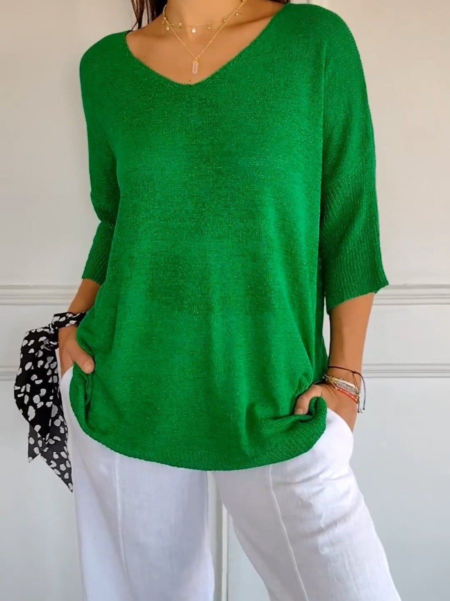 Buvala™-Solid Color Knitted V-neck Top