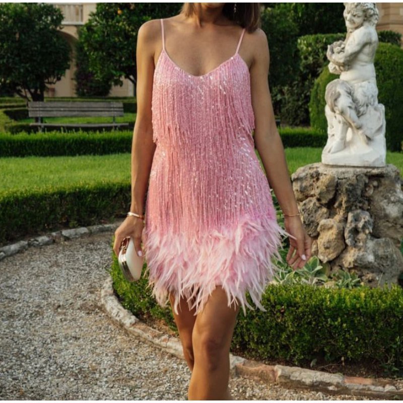 Buvala™-Women's Feather Fringe Sequin Spaghetti Strap Dress