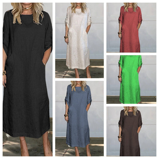 Buvala™-Women's Cotton and Linen Solid Color Loose Dresses