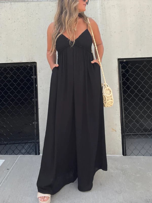 Buvala™-V-Neck Effortless Wide Leg Jumpsuit