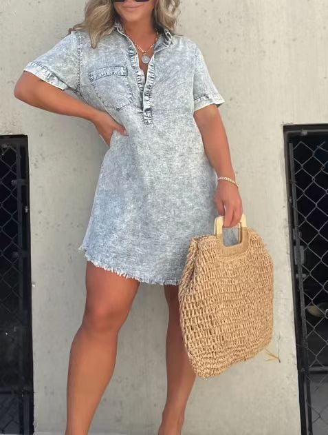 Buvala™-Short Sleeve Casual Denim Shirt Dress-Buy two and get free shipping!