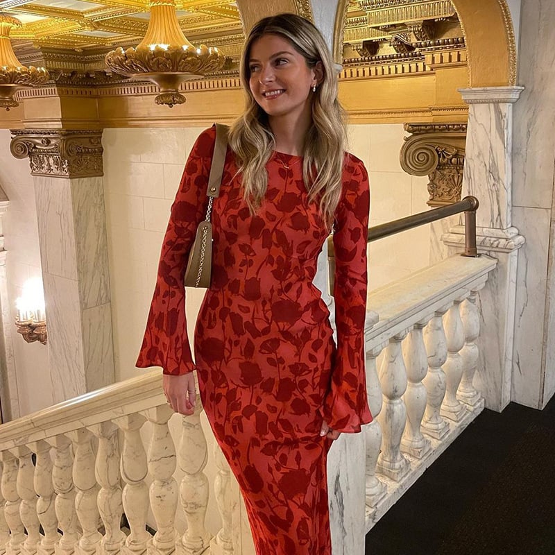 Buvala™-Long Sleeve Rose Printed Maxi Dress