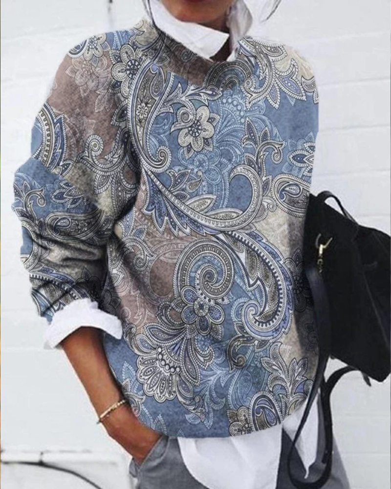 Buvala™-Casual Vintage Print Crew Neck Long Sleeve Sweatshirt