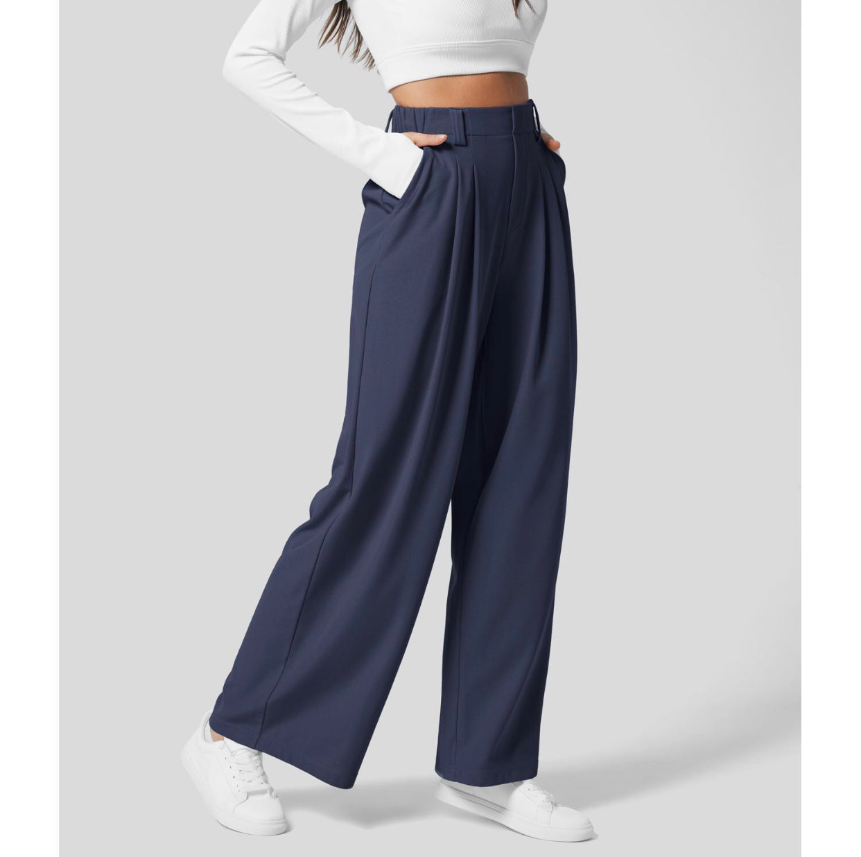 Buvala™-2024 High Waisted Plicated Side Pocket Wide Leg Waffle Casual Pants