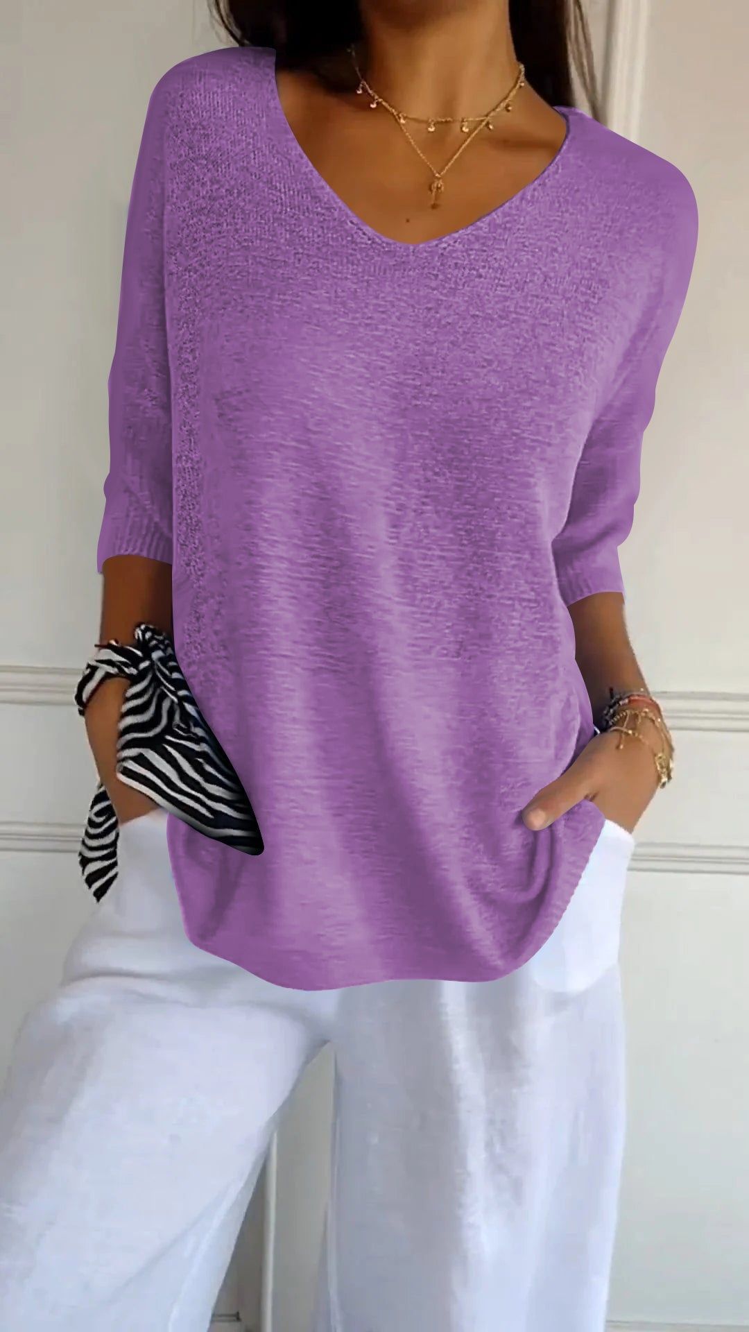 Buvala™-Solid Color Knitted V-neck Top