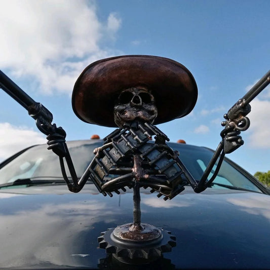 Buvala™-Handmade Cast Cowboy Skull Gunslinger Hood Ornament Sculpture