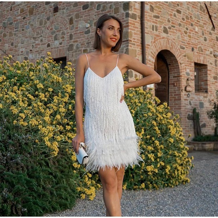 Buvala™-Women's Feather Fringe Sequin Spaghetti Strap Dress